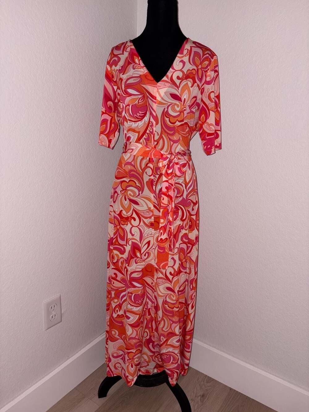 MSK Pink & Orange Swirl Abstract Print V-Neck Maxi Dress